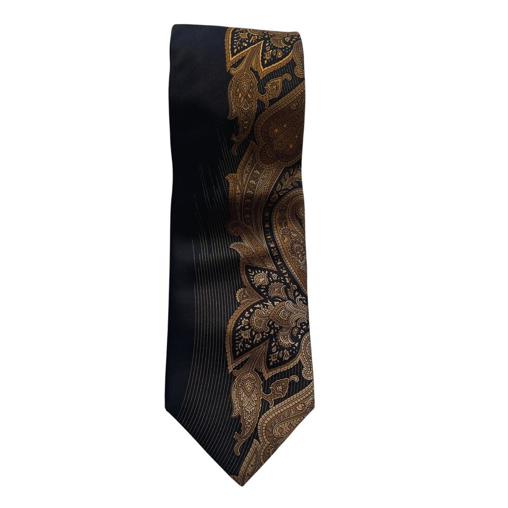 Vintage Vitaliano Pancaldi Italy Silk Neck Tie Black and Gold Geometric Art Deco
